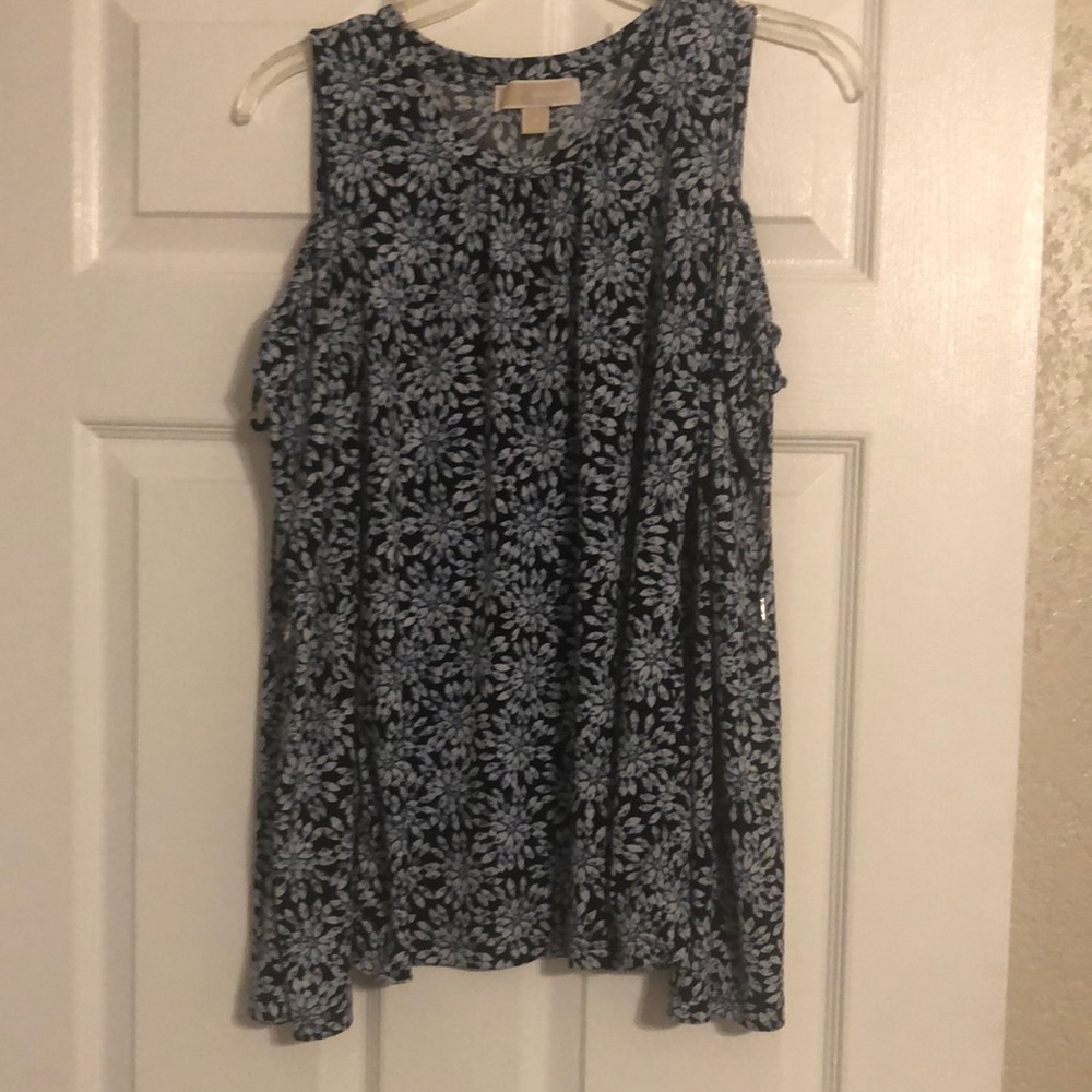 Michael Kors Cold Shoulder long Sleeve Top. Dark Navy print Bell Sleeve